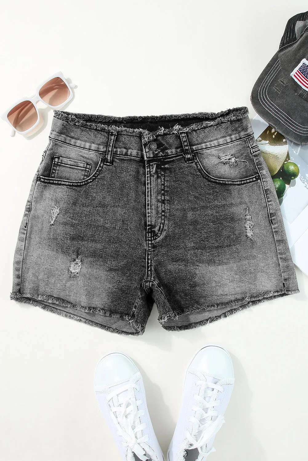 Acid Wash Raw Edge Skinny Denim Shorts