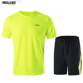 ARSUXEO Summer Men's Running Sets Running T Shirt Running Shorts Training GYM Workout Exercise Jersey Quick Dry Reflective