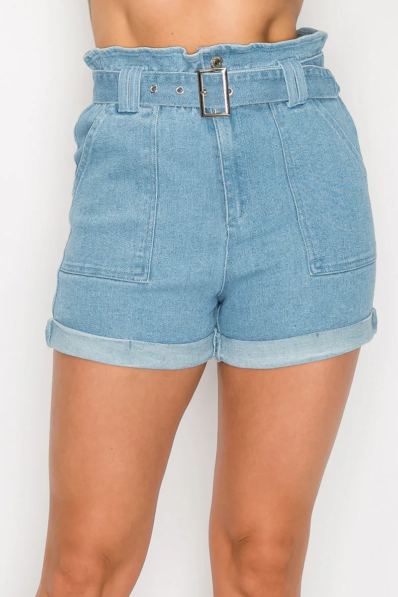 Belted Paperbag Denim Shorts