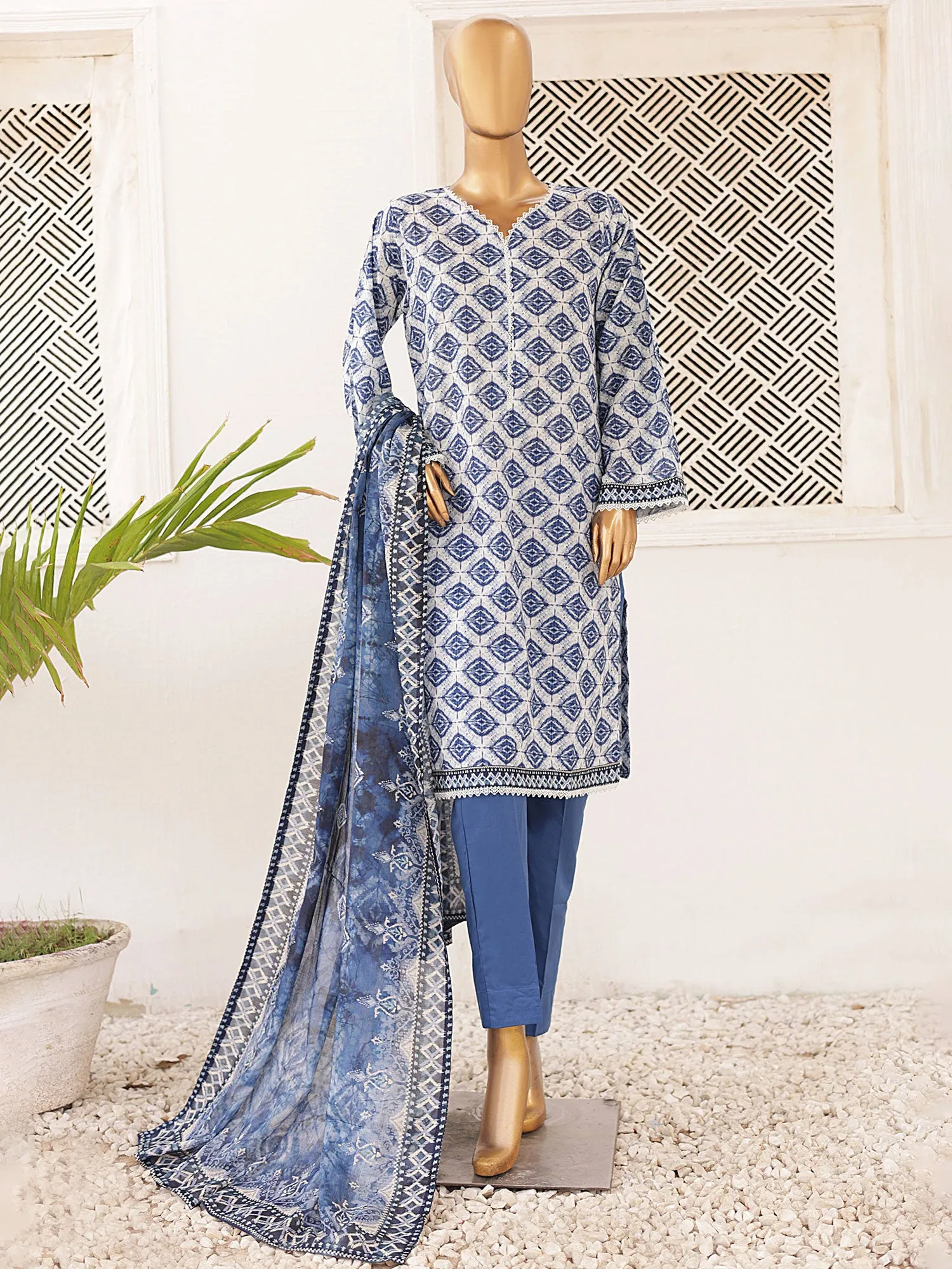 Bin Saeed Printed Lawn 3-Piece Suit - Blue