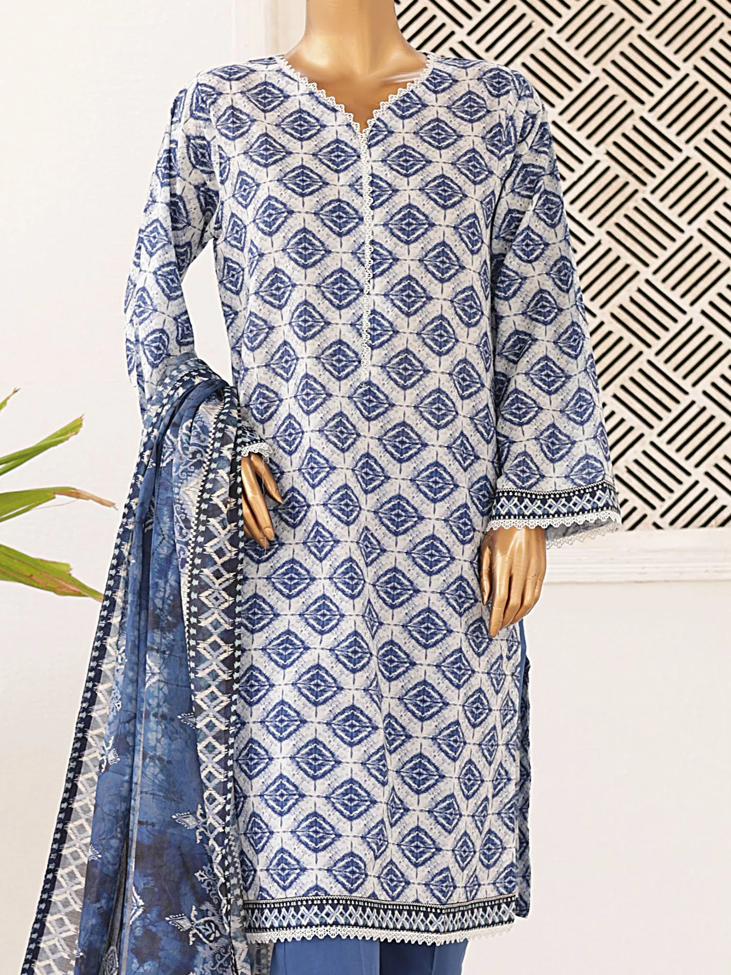 Bin Saeed Printed Lawn 3-Piece Suit - Blue