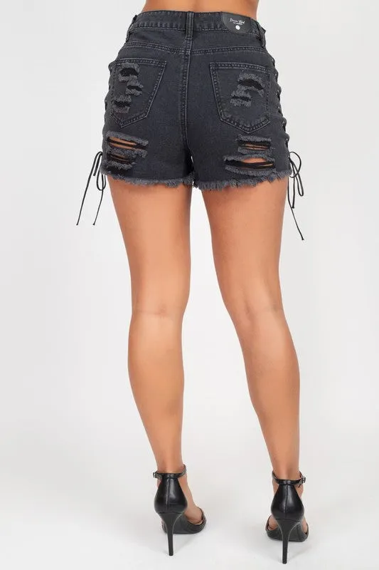 Black Distressed Denim Shorts with Side Lace-Up