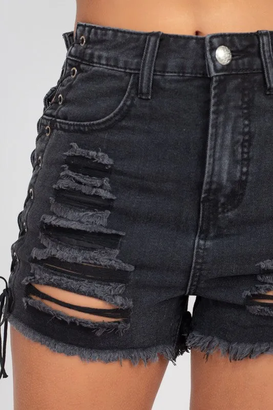 Black Distressed Denim Shorts with Side Lace-Up