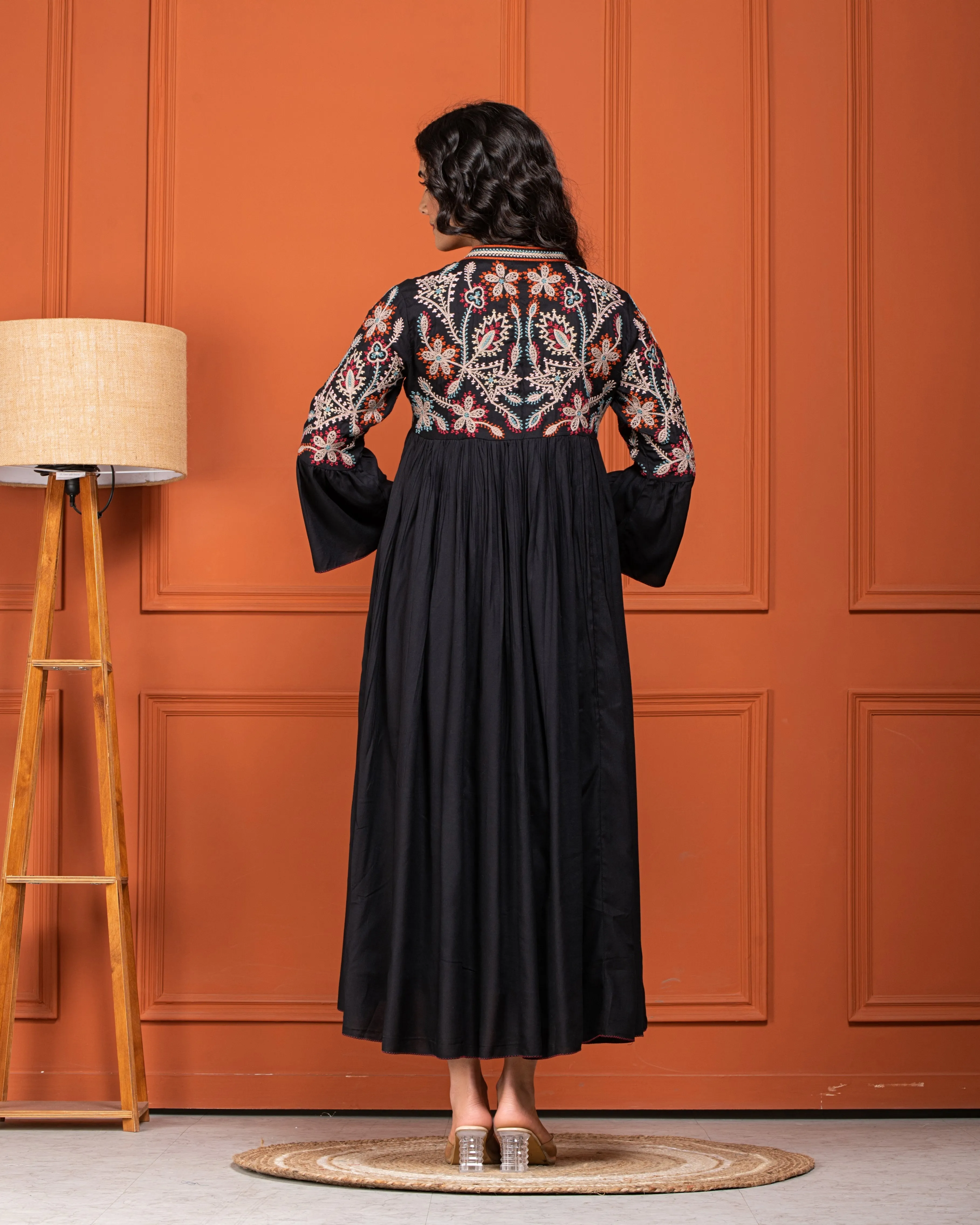 Black Floral Embroidered Cotton Linen Dress