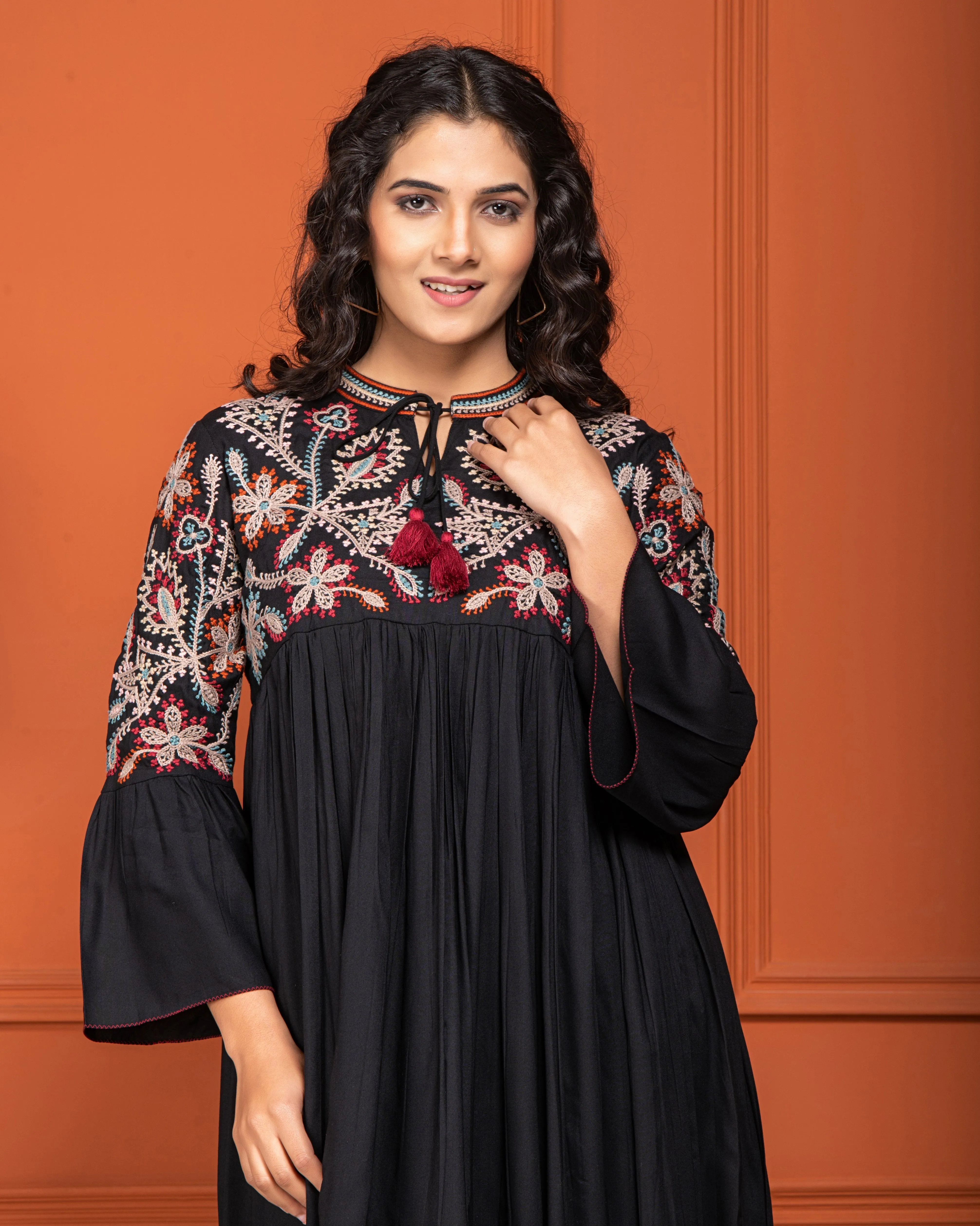 Black Floral Embroidered Cotton Linen Dress