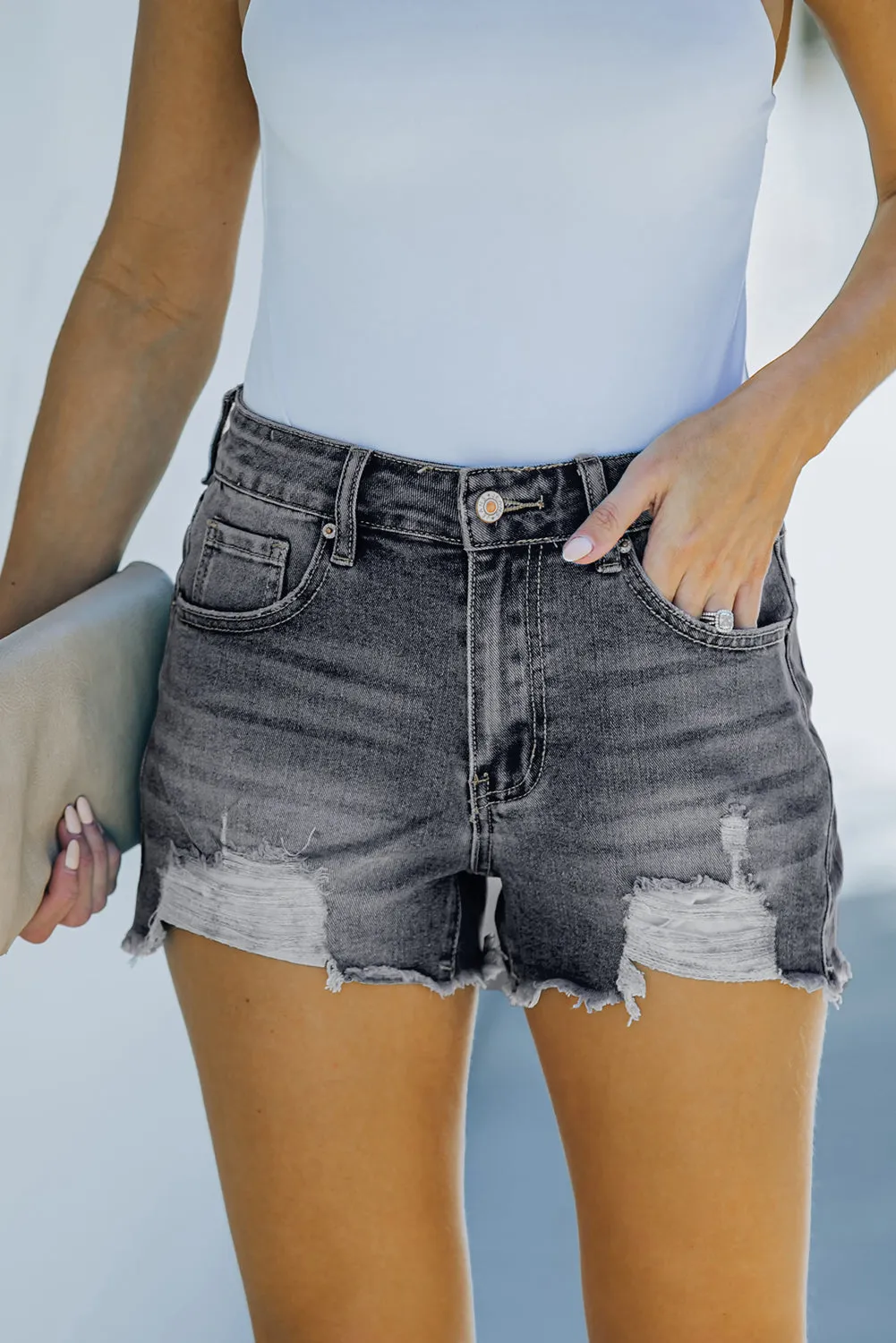 Blue Distressed Frayed Denim Shorts