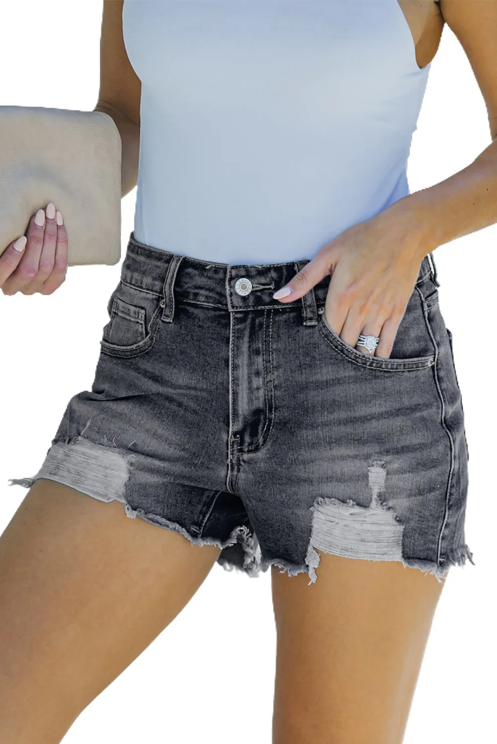 Blue Distressed Frayed Denim Shorts