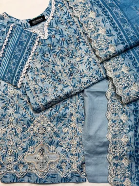 Blue Schiffli Lawn Embroidered Casual 3-Piece Suit