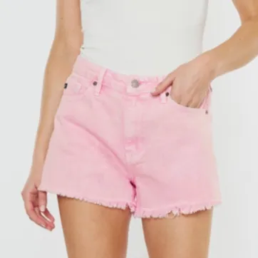 Boardwalk High Rise Pink Frayed Hem Denim Shorts