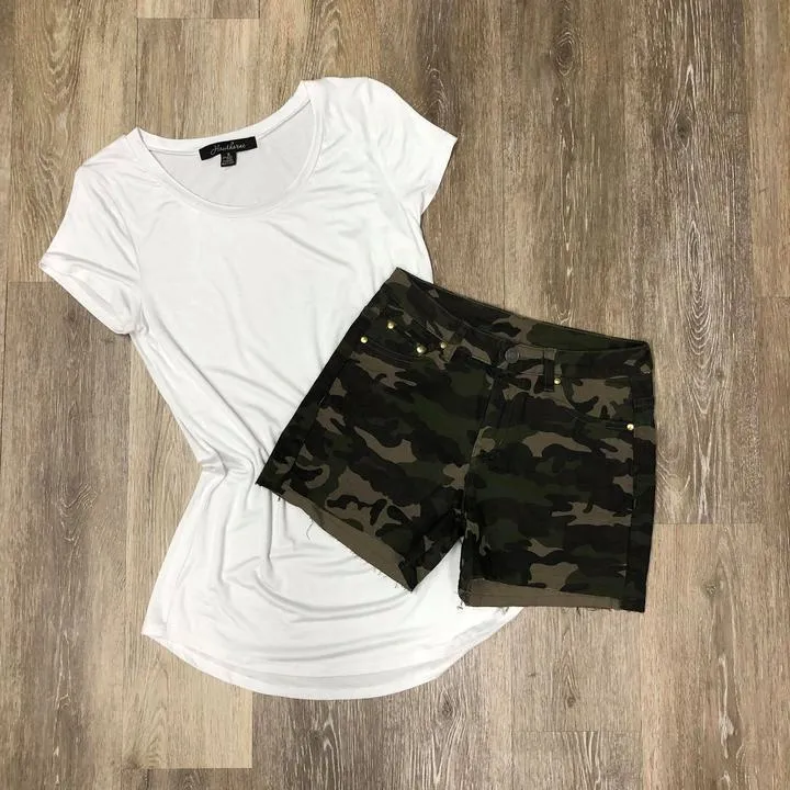 Camo Step Hem Denim Shorts