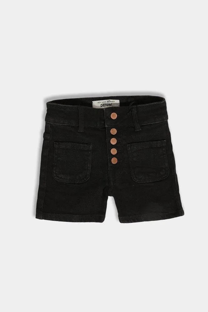 Copper Buttons Front Black Denim Shorts