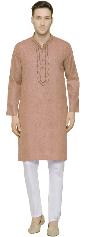 Cotton Embroidered Men's Kurta Pajama Indian Clothes (Brown)