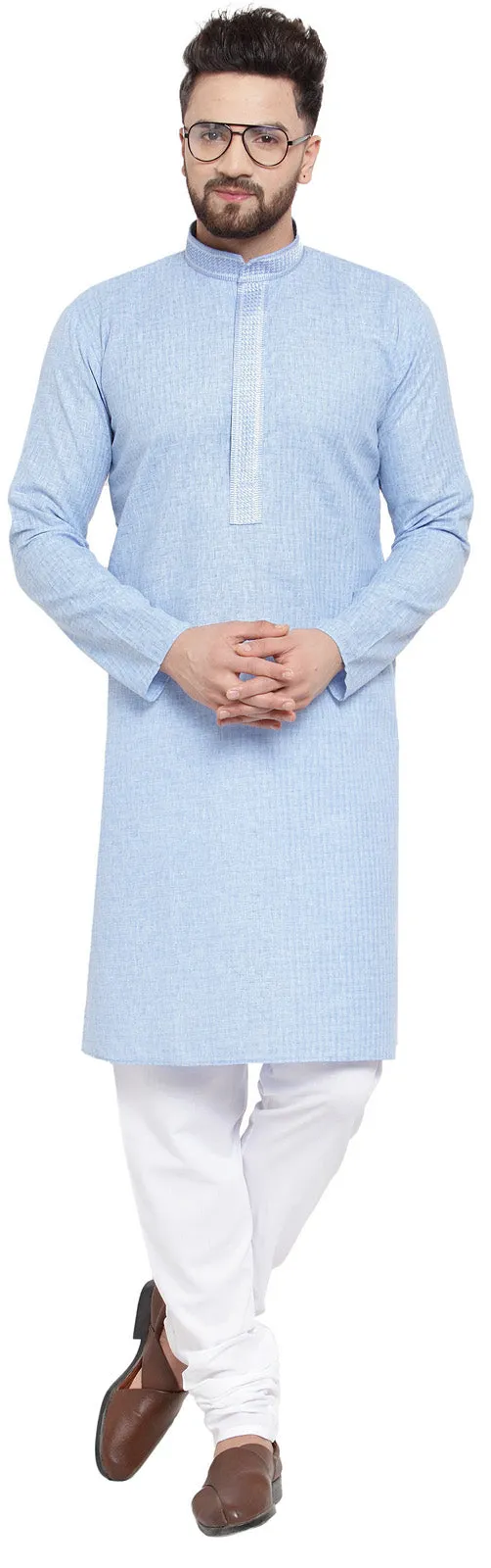 Cotton Self Design Men's Kurta Pajama Evening Wear Self Design (Sky Blue)