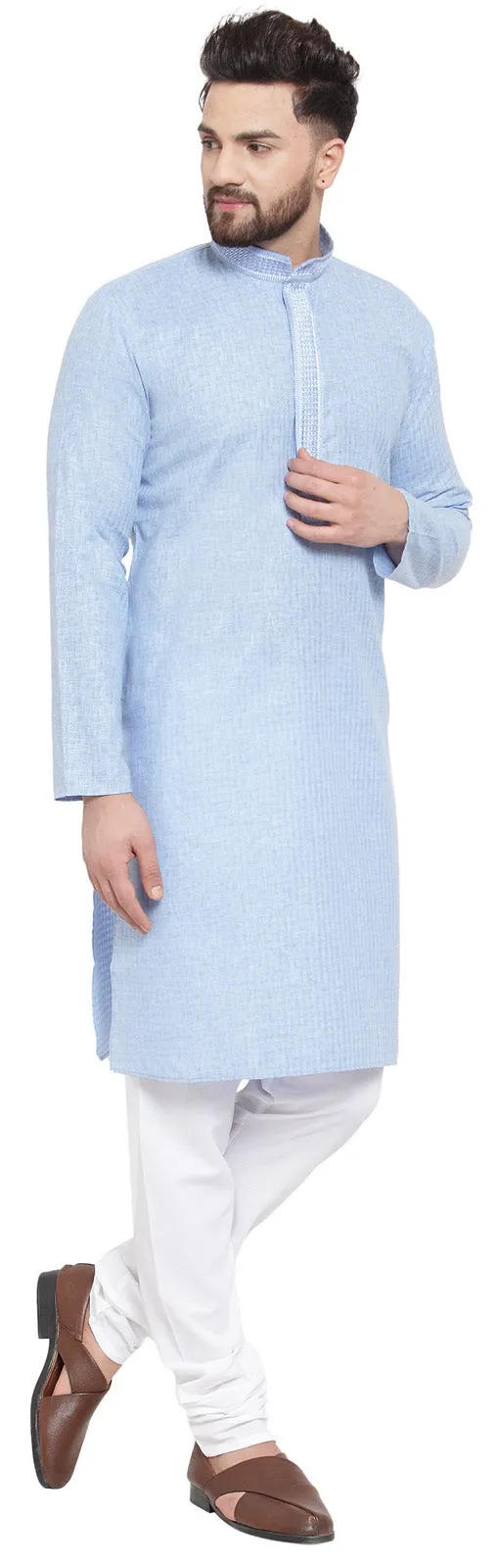 Cotton Self Design Men's Kurta Pajama Evening Wear Self Design (Sky Blue)