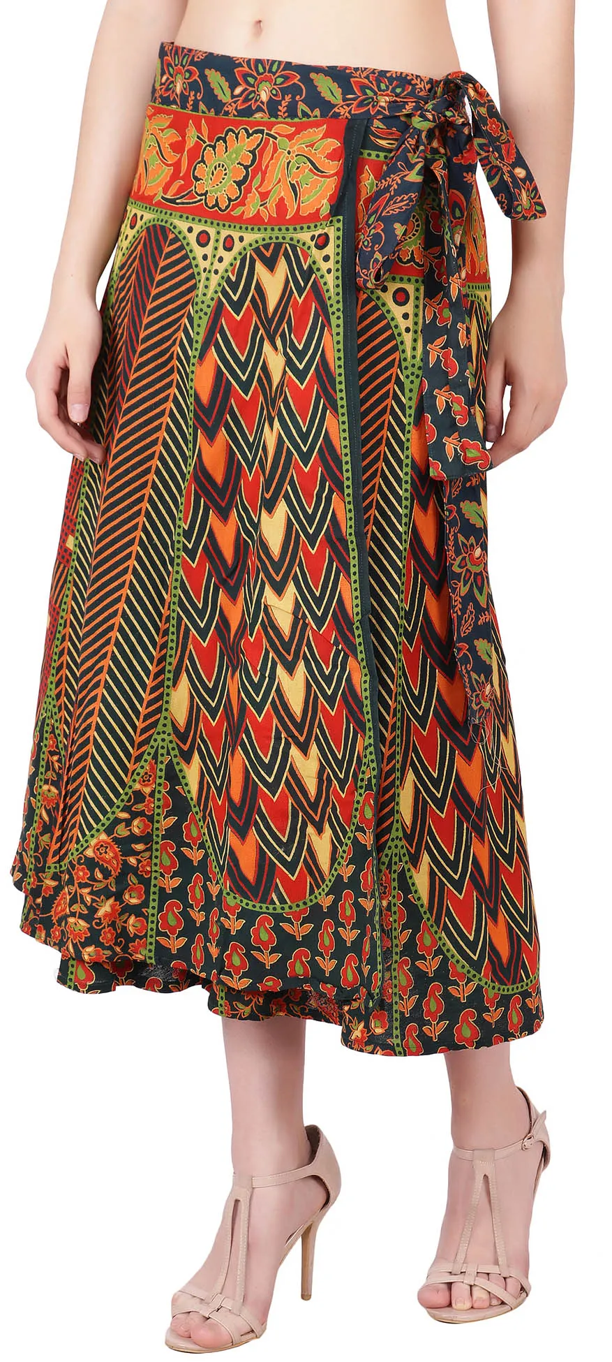 Cotton Wrap Around Long Skirt Printed Women's India Clothes (Green, One Size)