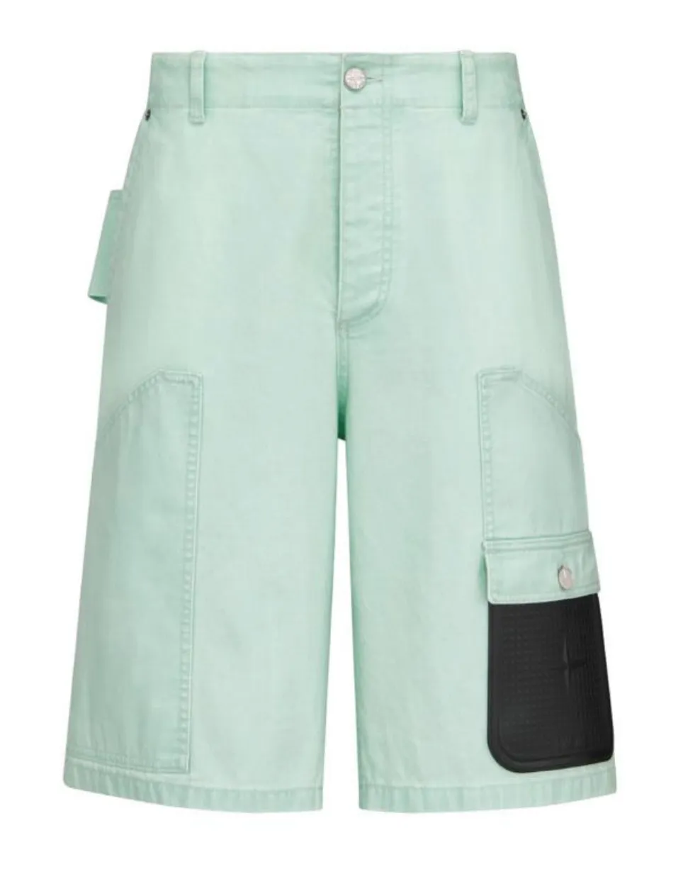 DIOR X STONE ISLAND - Denim Bermuda Debased Cannage Patch Green Shorts