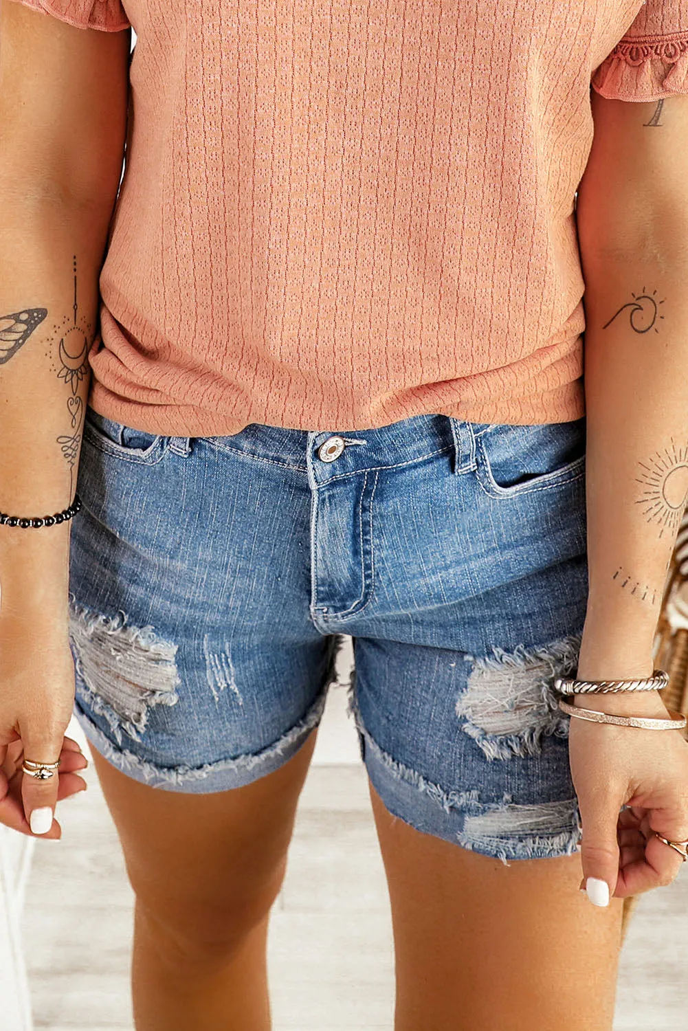 Distressed Ripped Rolled Hem Denim Shorts