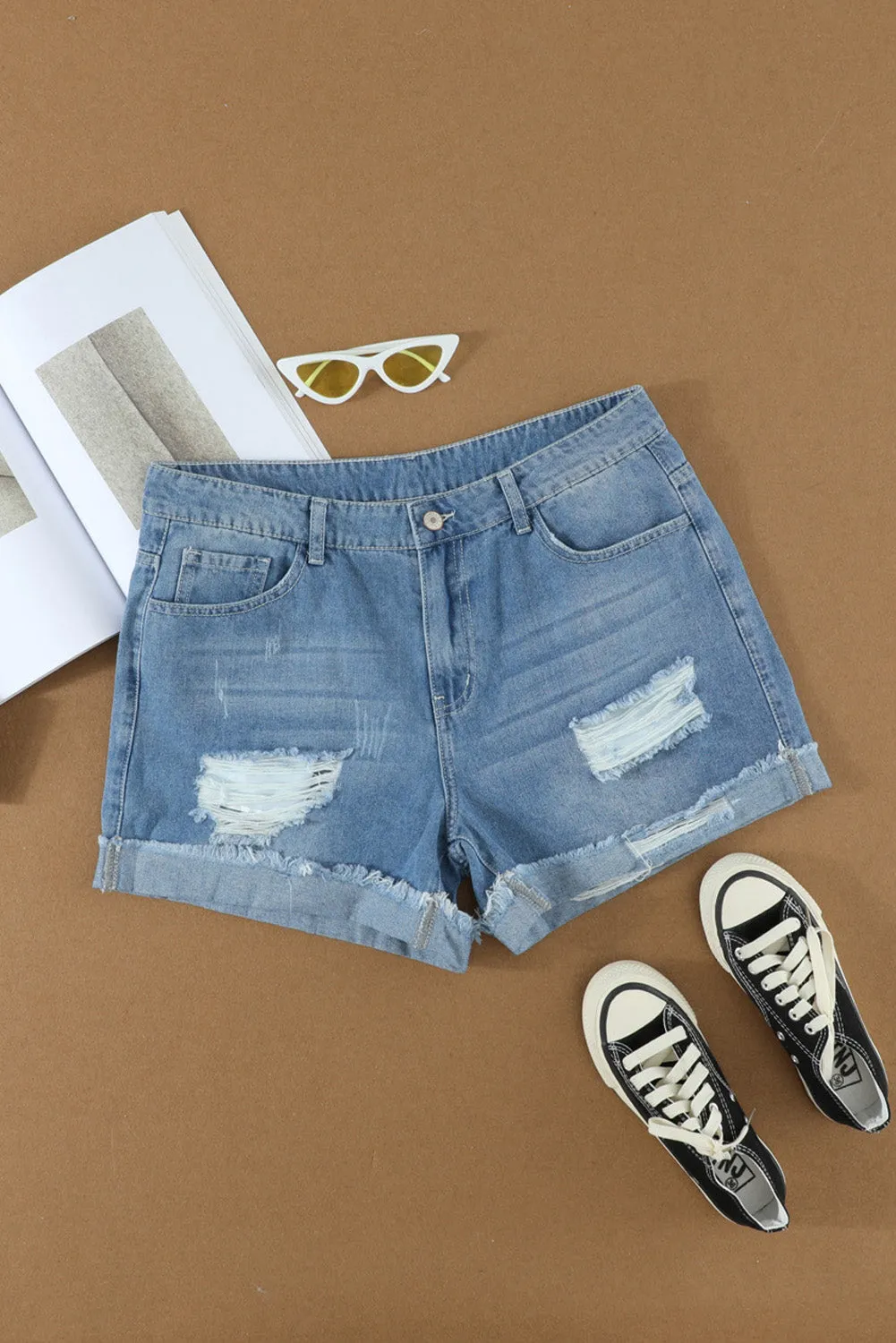 Distressed Ripped Rolled Hem Denim Shorts