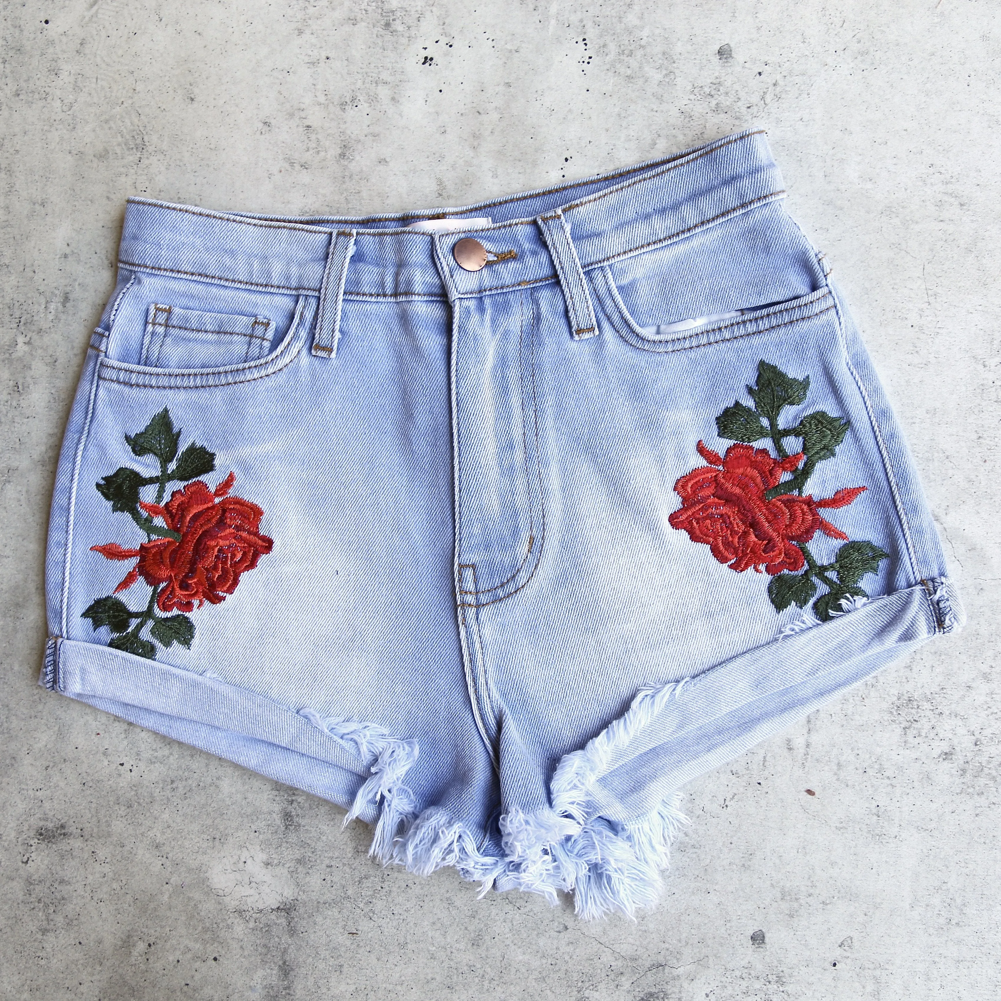 Embroidered High Waist Denim Shorts in Light Stone Wash