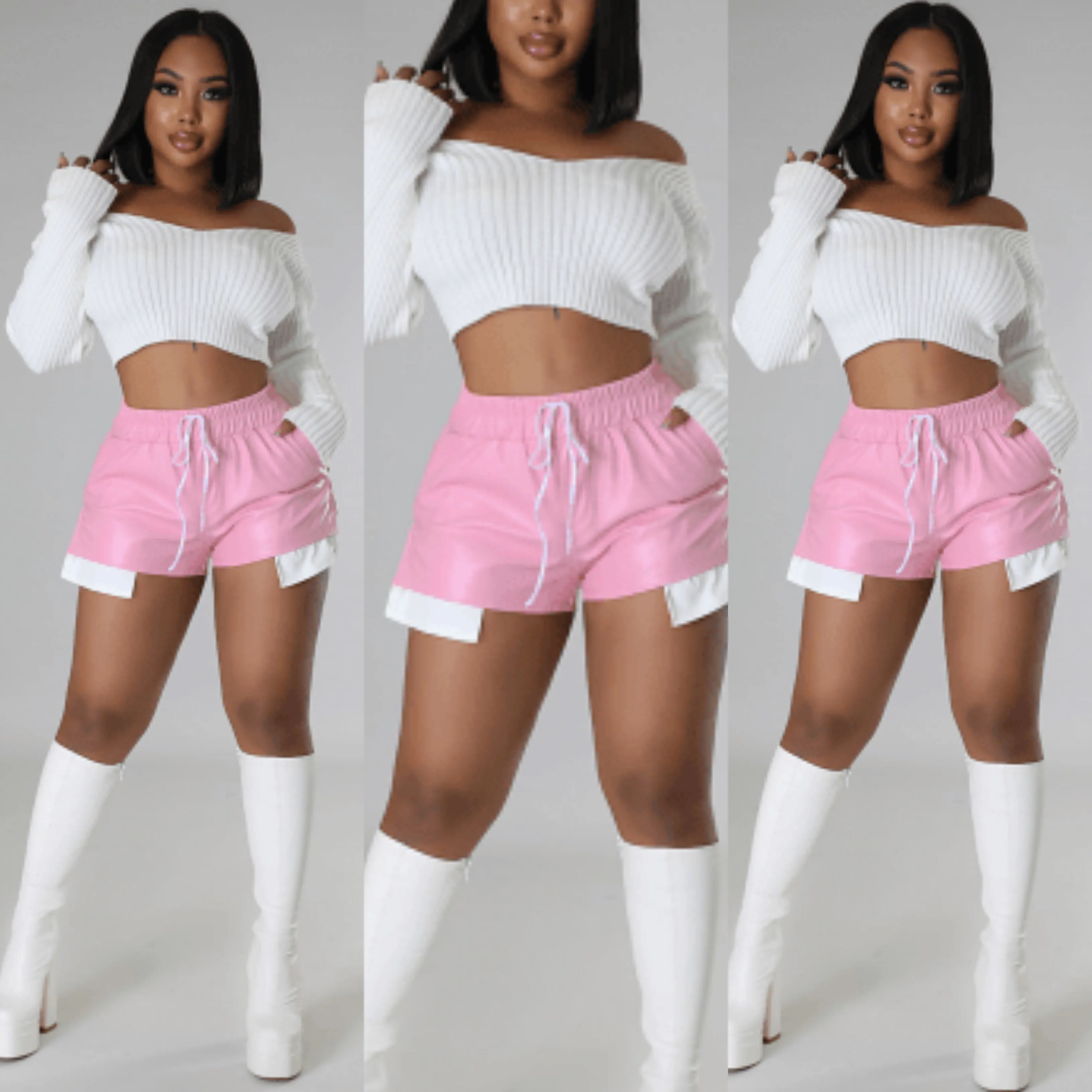 Faux Leather Jogger With White Shorts (Pink)