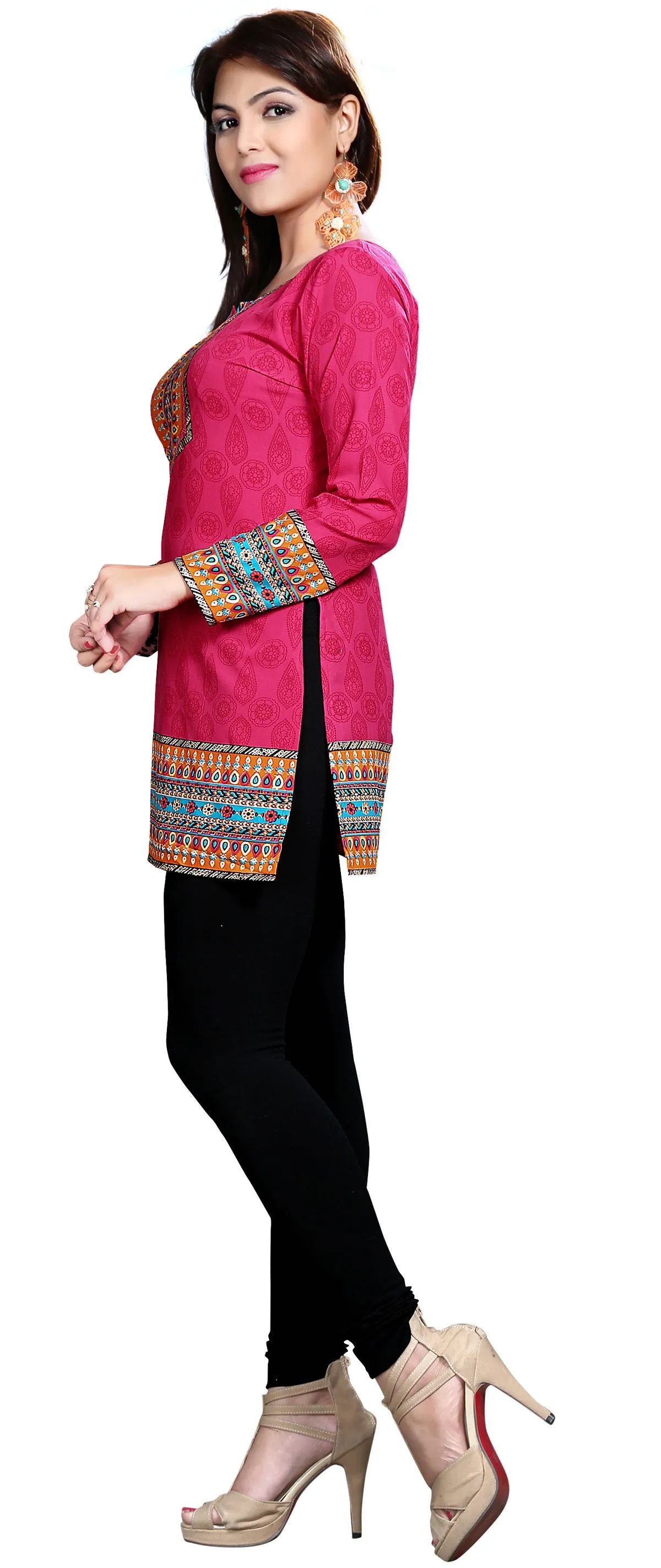 India Long Tunic Top Kurti Womens Printed Indian Apparel (Pink)