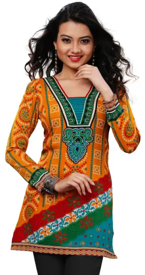 India Tunic Top Kurti Womens Long Blouse Indian Apparel (Orange)