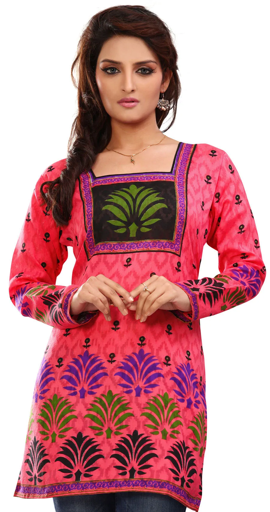 Indian Kurti Top Tunic Printed Womens Blouse Cotton India Clothes (Pink)