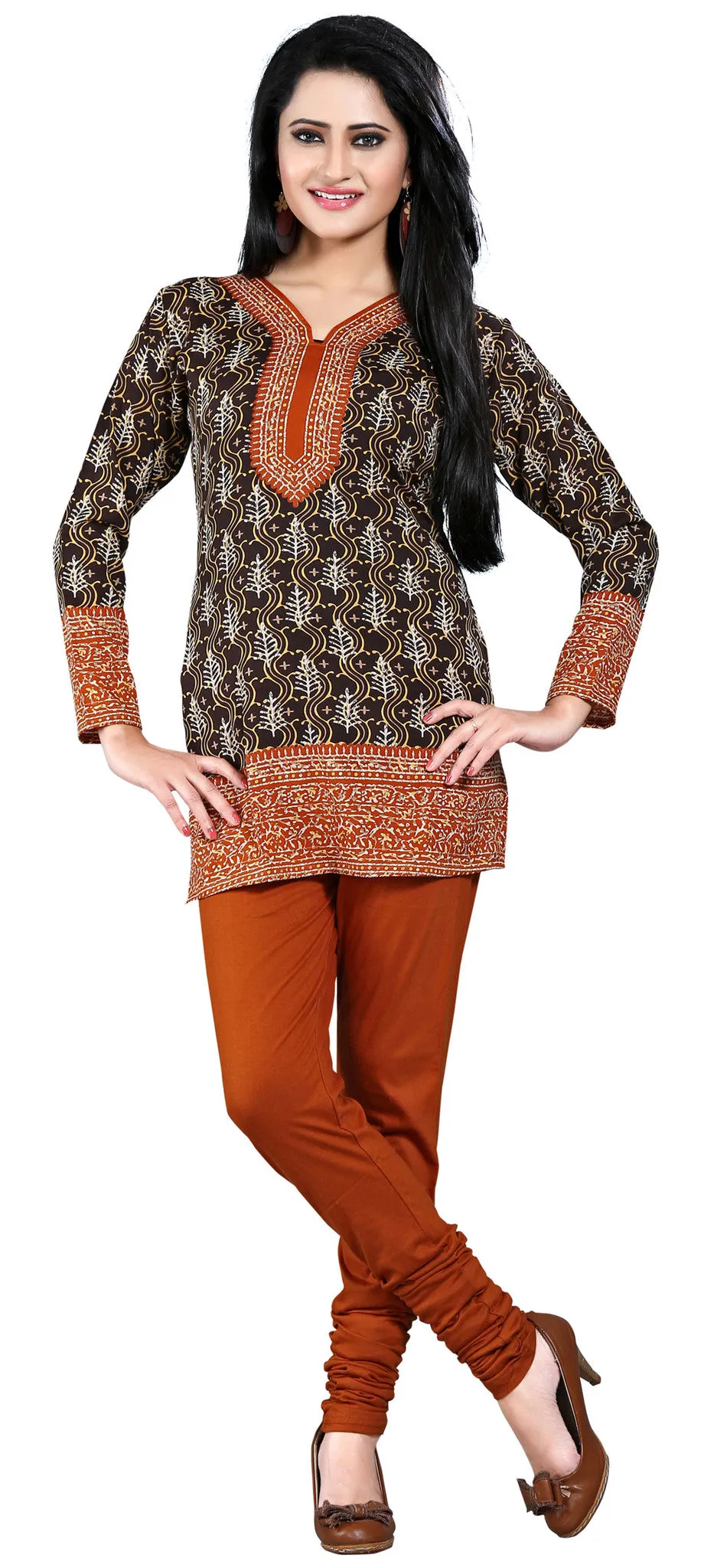 Indian Long Kurti Top Tunic Printed Womens India Clothes (Coffee)