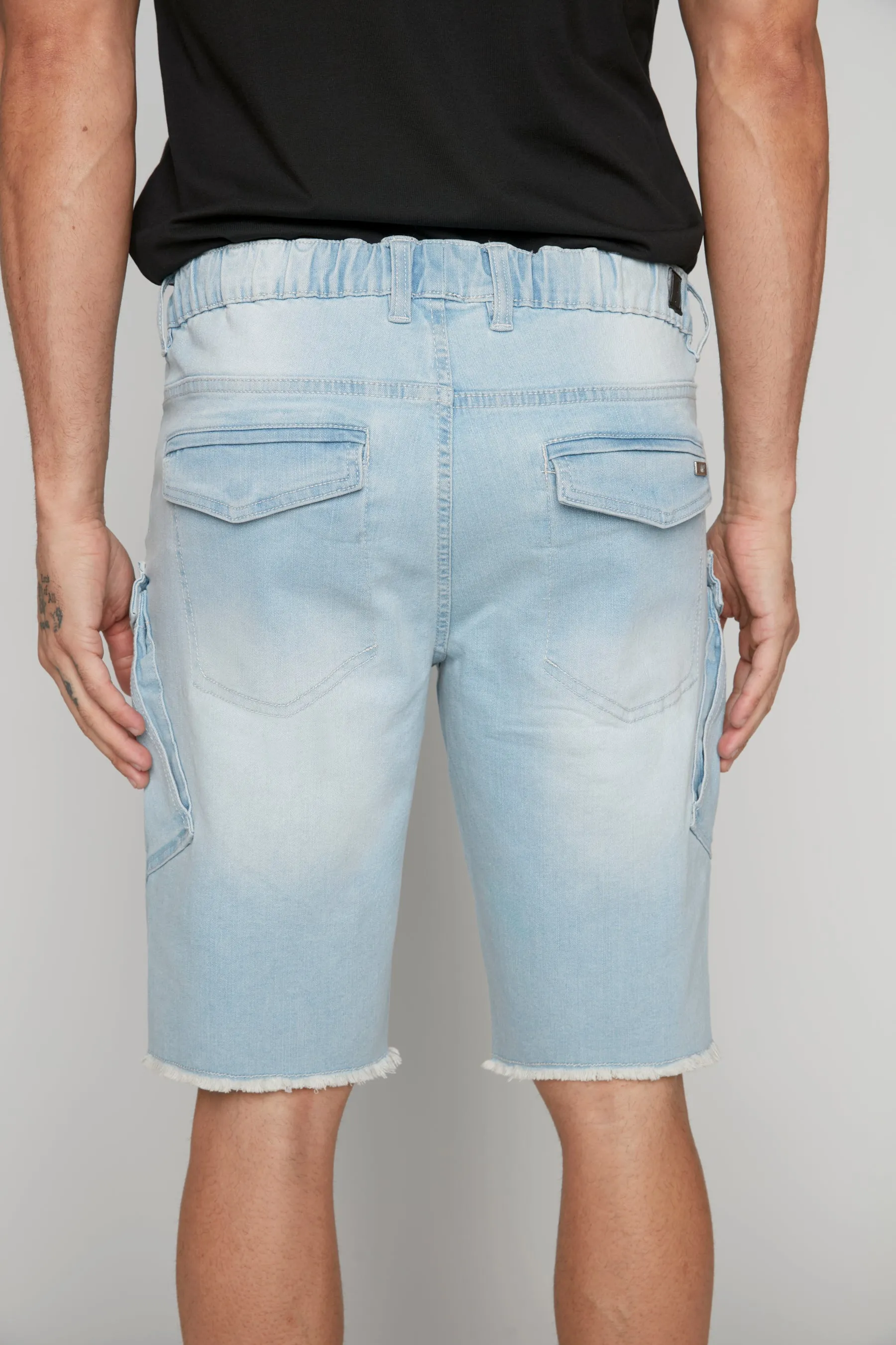 KRAVITZ - Mens 5-Pockets Pull-On Cargo Denim Shorts - Blue Bleach