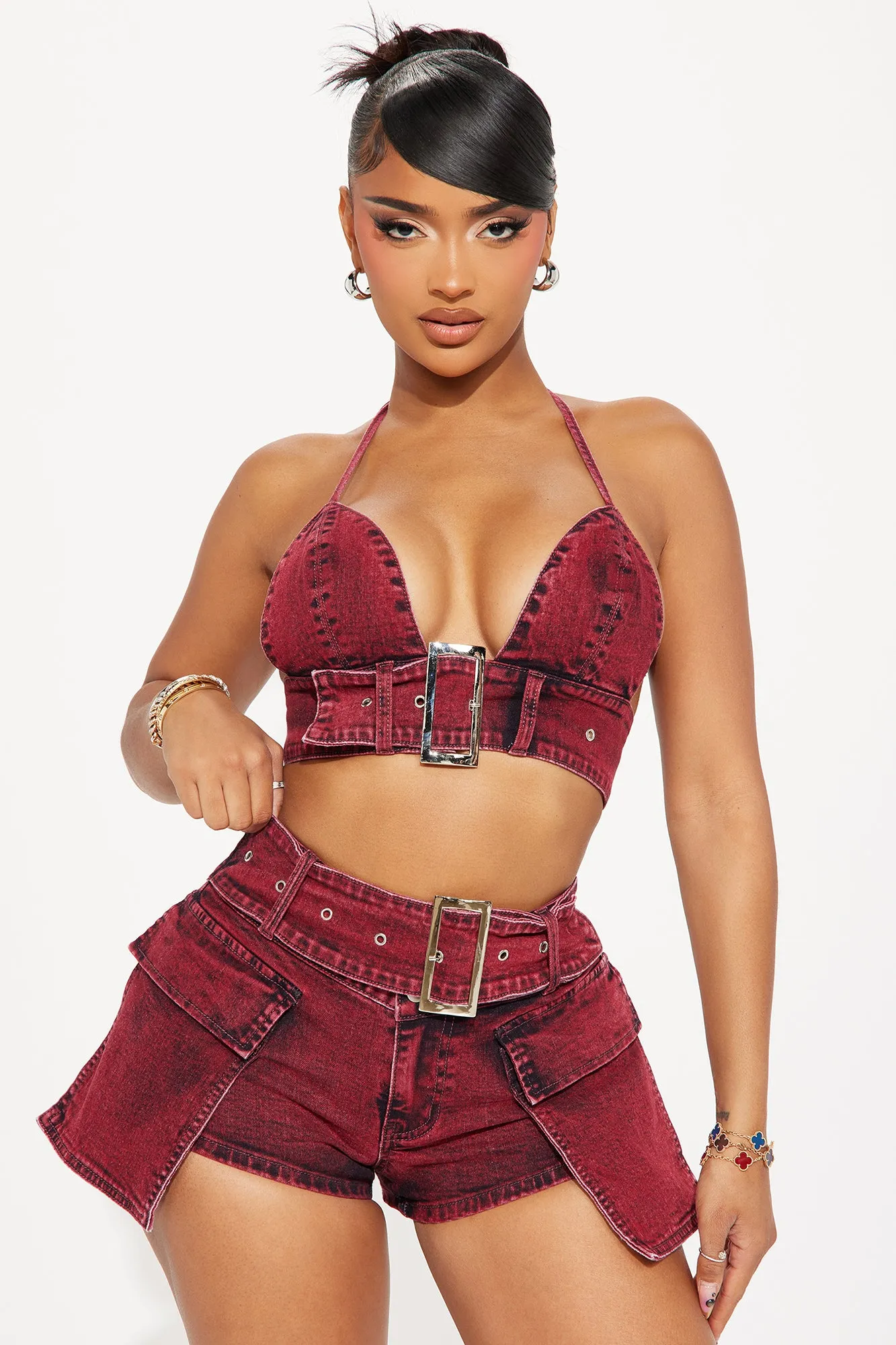 Burgundy Washed Denim Short Set for Lola