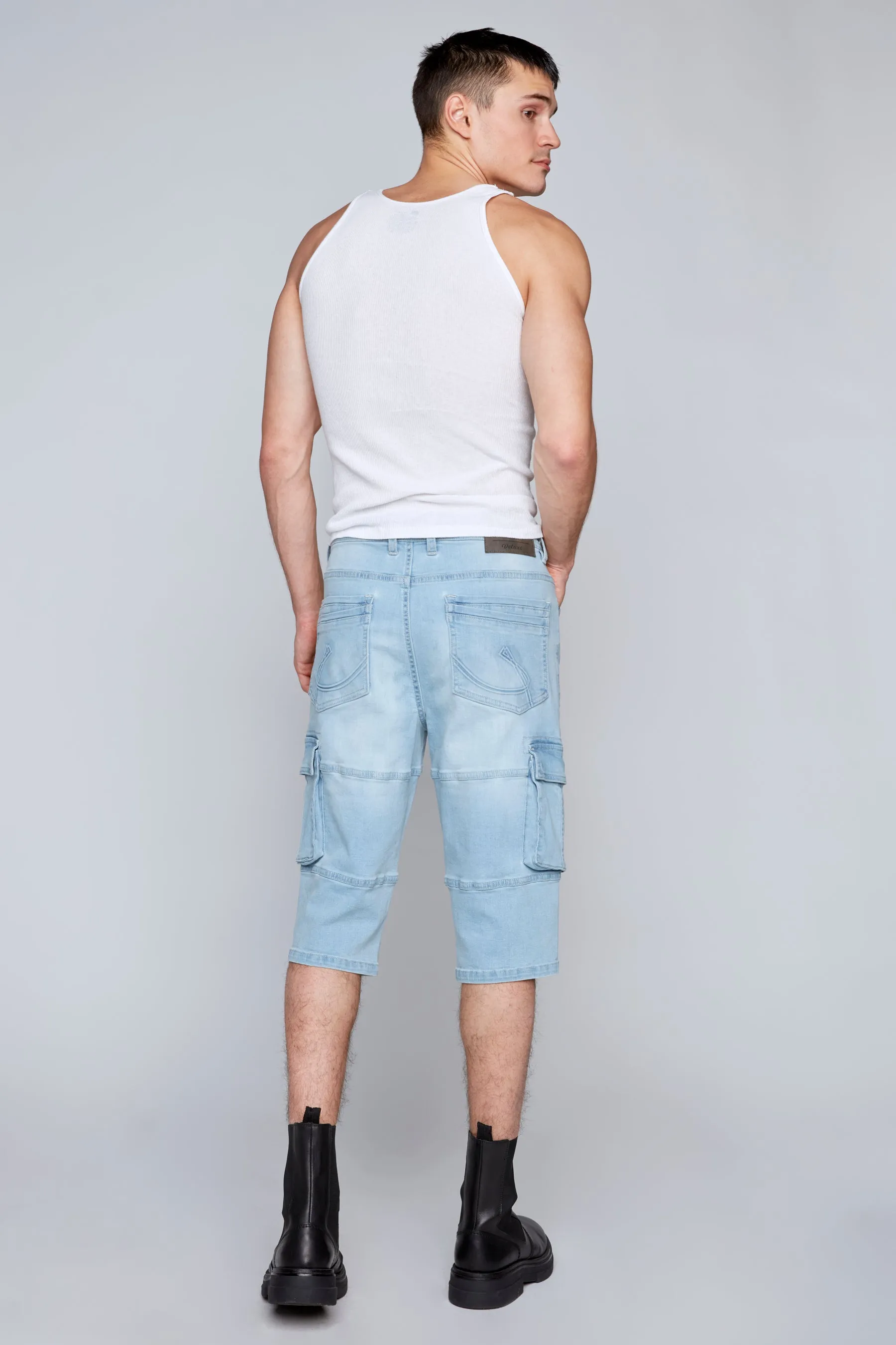 Men's 5-Pocket Denim Moto Cargo Capri Shorts - Blue Bleach