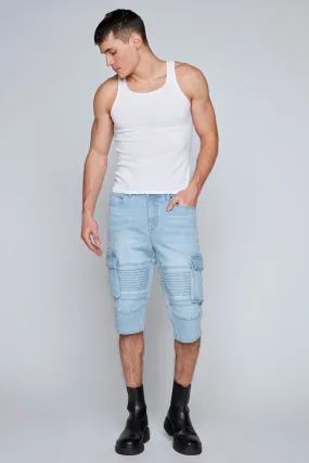 Men's 5-Pocket Denim Moto Cargo Capri Shorts - Blue Bleach