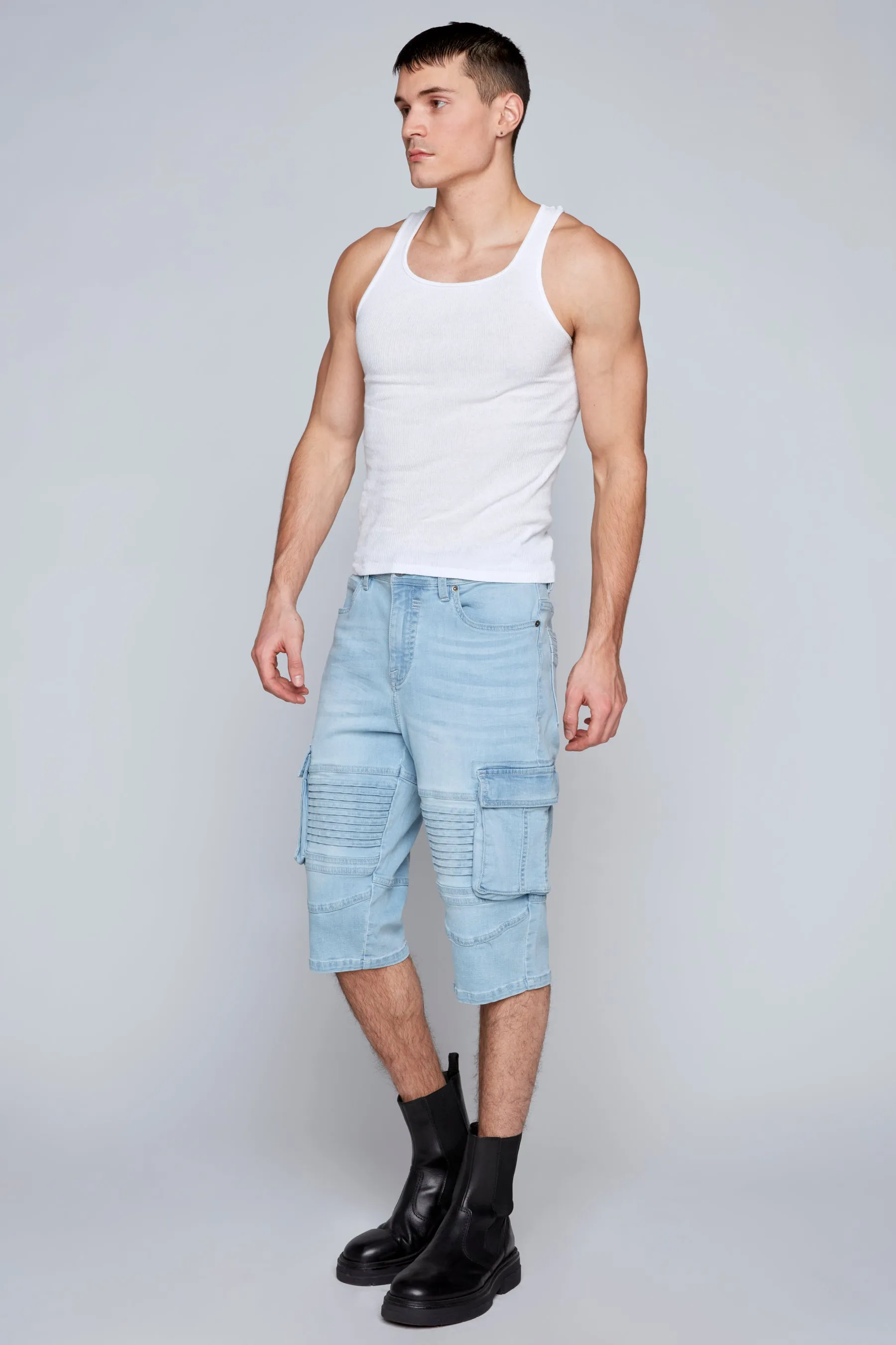 Men's 5-Pocket Denim Moto Cargo Capri Shorts - Blue Bleach