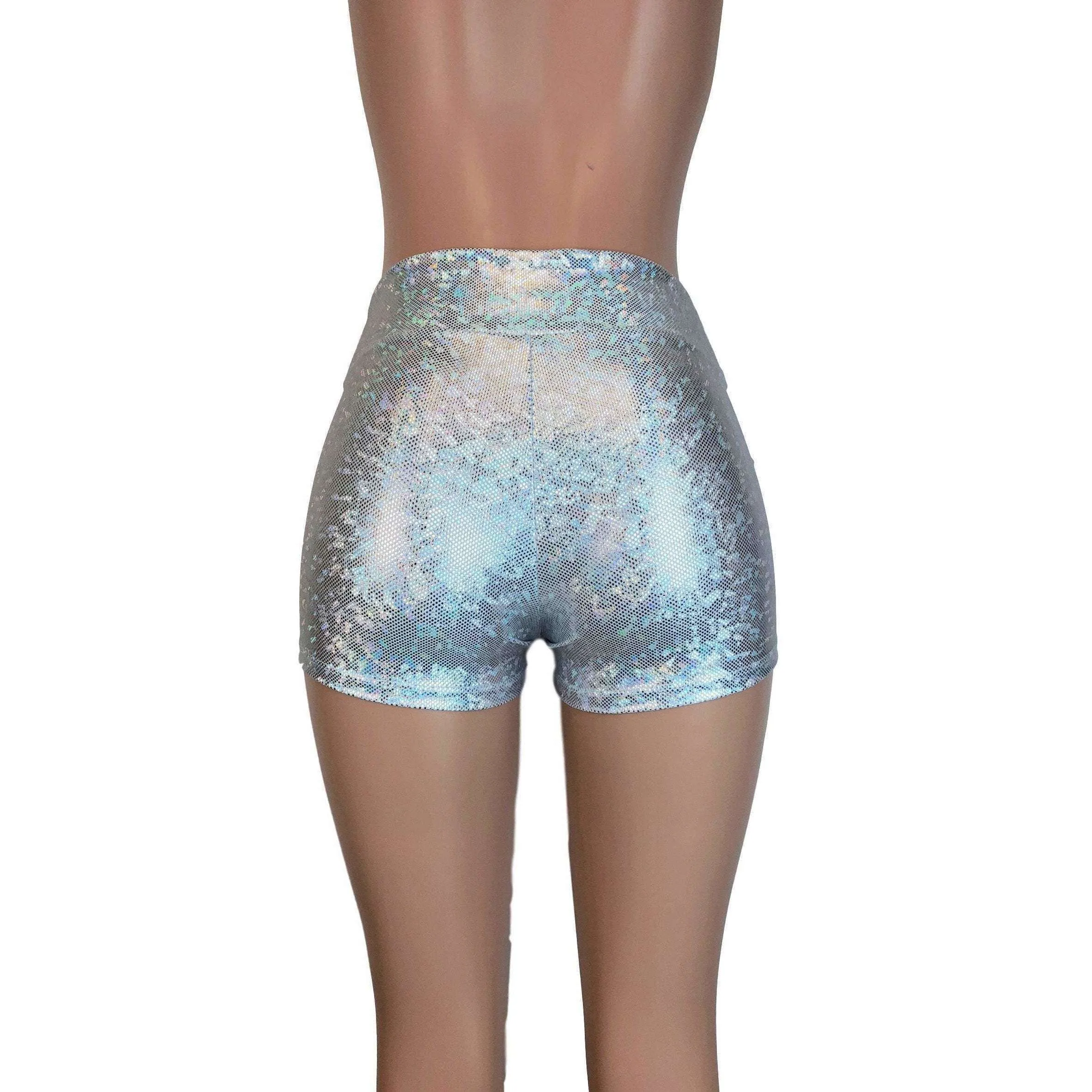 MID Rise Booty Shorts - Silver Shattered Glass