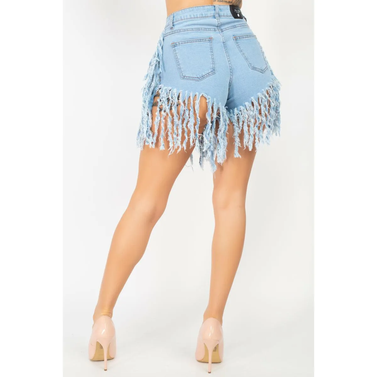 Mid-rise Fringe Hem Denim Shorts