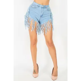 Mid-rise Fringe Hem Denim Shorts