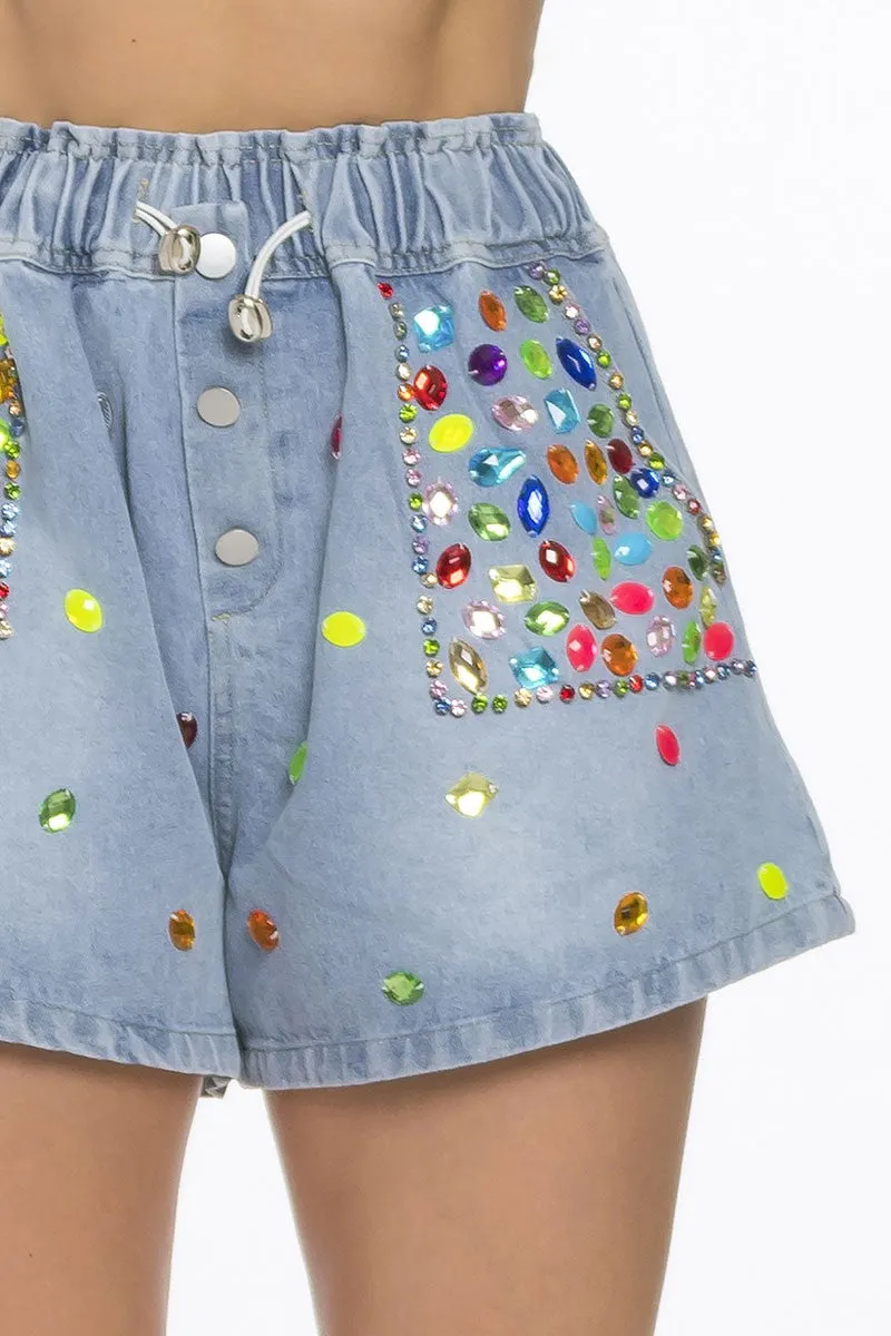 Multi color jeweled denim short