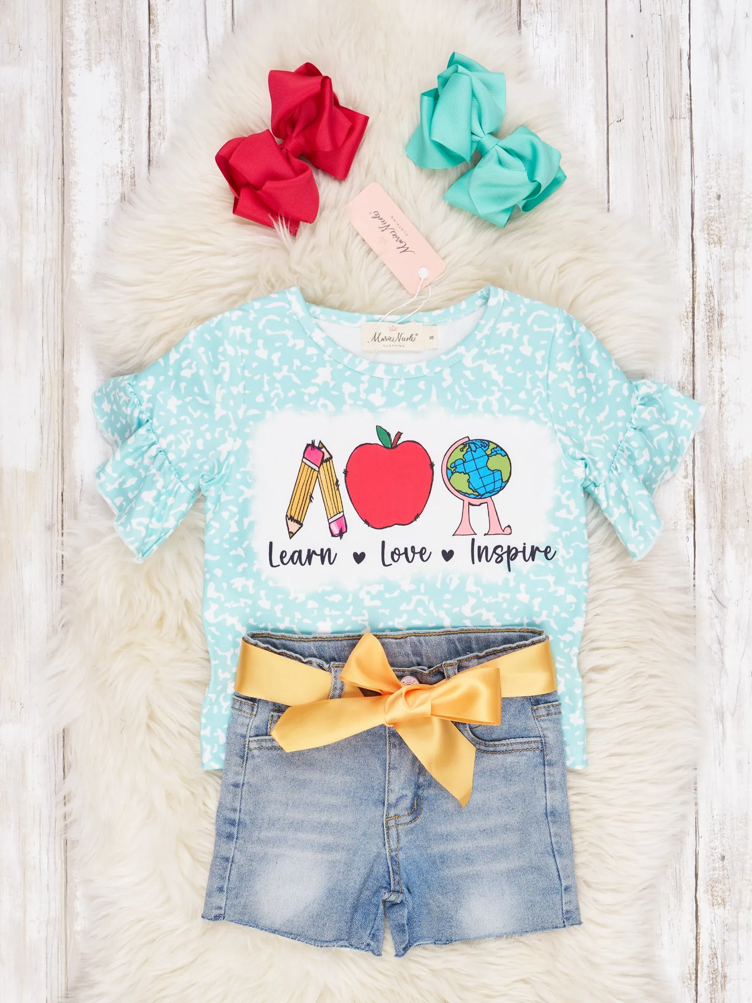 "Learn, Love, Inspire" Ruffle Denim Outfit