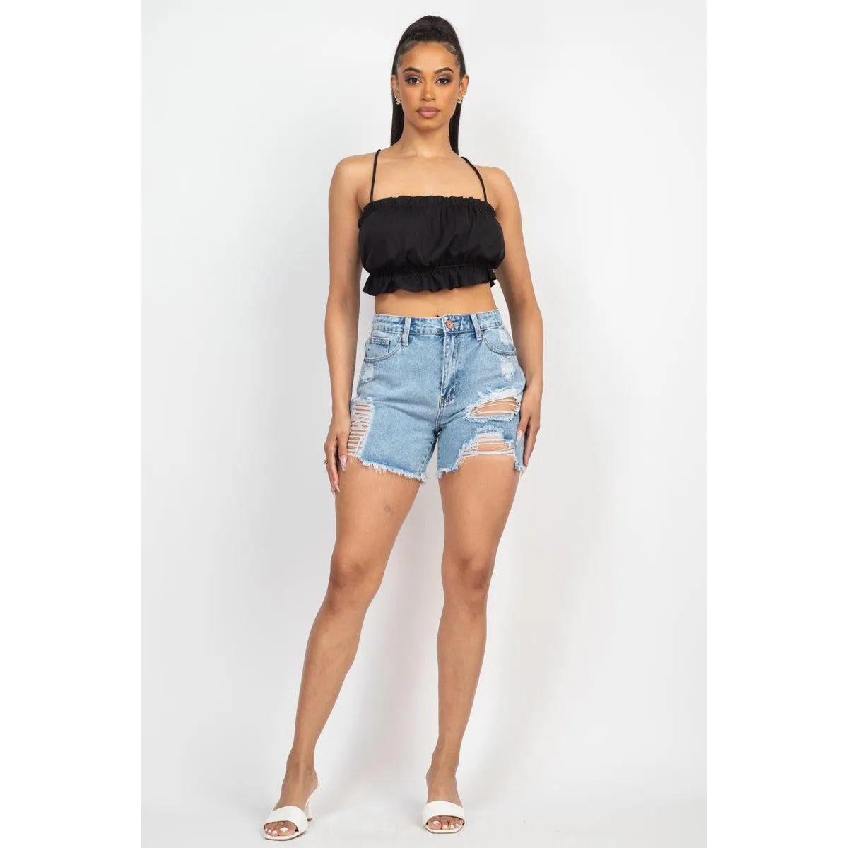 Ripped Five-pocket Mini Denim Shorts