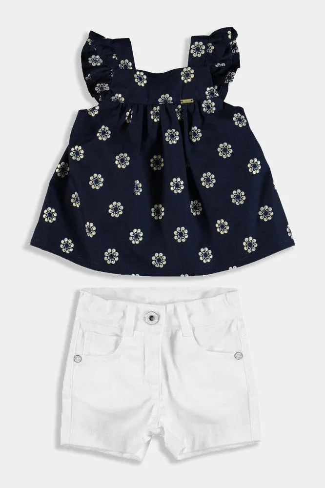 White Denim Shorts And Navy Floral Top Baby Girl Set