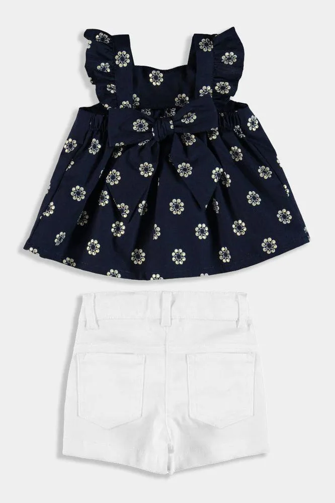 White Denim Shorts And Navy Floral Top Baby Girl Set