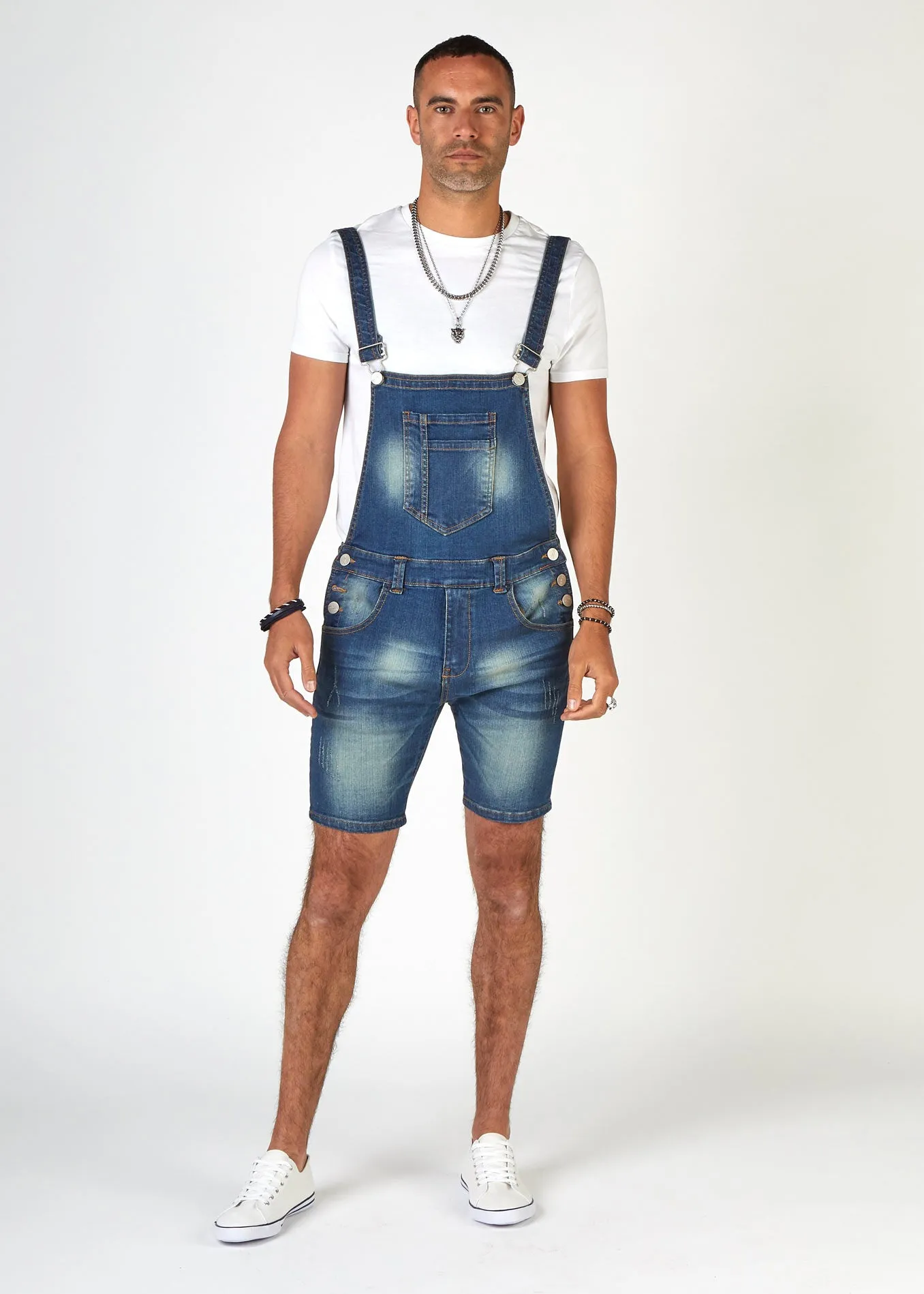 WHITEFIELD Mens Super Skinny Denim Dungaree Shorts