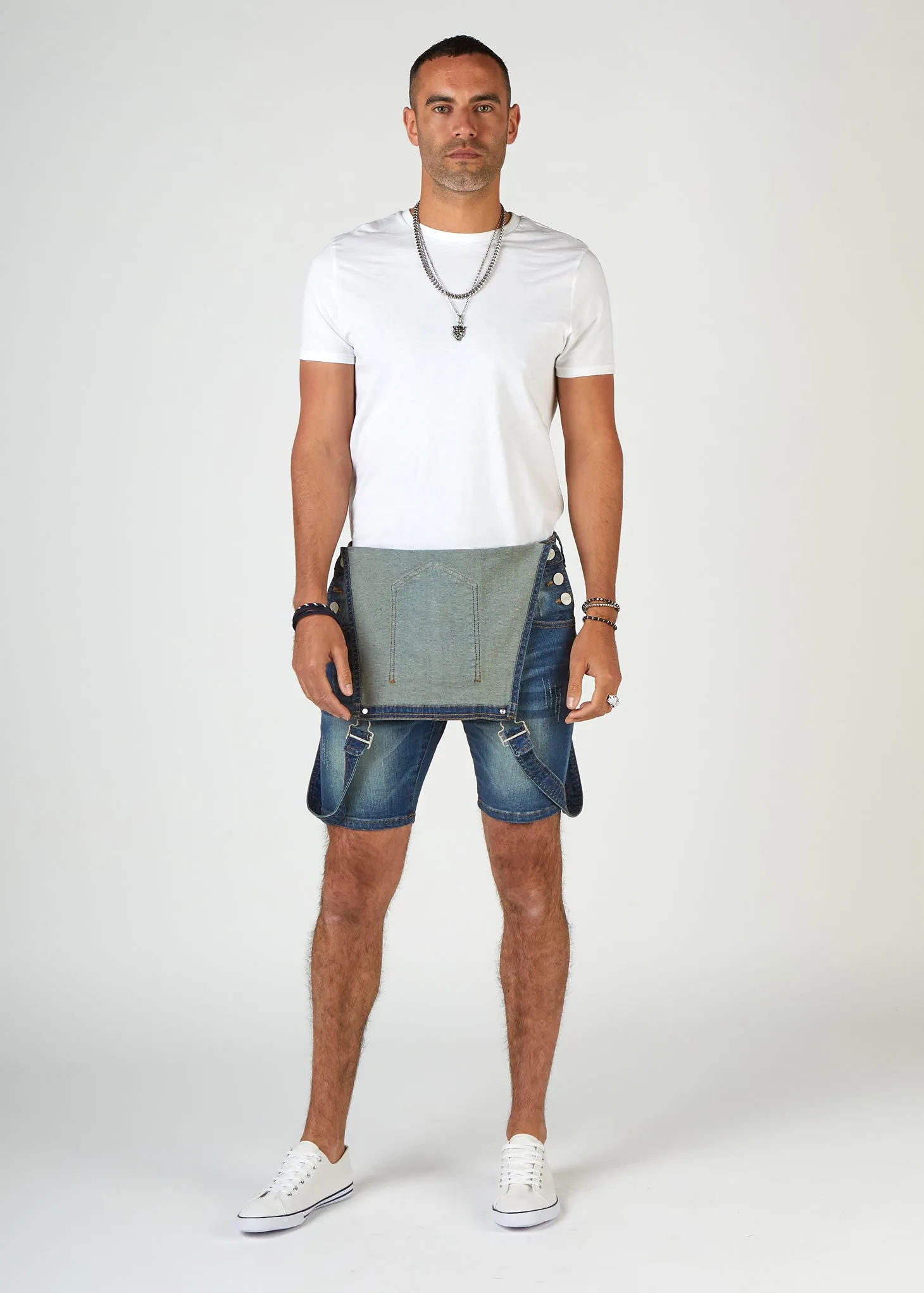 WHITEFIELD Mens Super Skinny Denim Dungaree Shorts